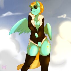 2014 anthro anthrofied big_breasts biting_lip bottomless breasts cutie_mark equine eyewear female friendship_is_magic fur geeflakes green_fur hair jacket legwear lightning_dust_(mlp) mammal my_little_pony pegasus pussy solo sunglasses two_tone_hair uncensored wings