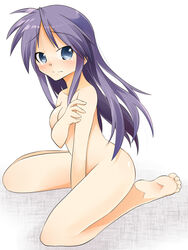 blue_eyes blush breast_hold breasts covering covering_breasts face feet hiiragi_miki kneeling lucky_star miki_hiiragi milf nude nude_cover purple_hair shing_(sorairo_factory) shing_xiang_bei tear