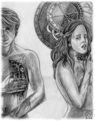 1girls abstract blood clock female gryffindor harry_james_potter harry_potter hermione_granger monochrome nipples skech tagme witch_(harry_potter)