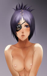 1girls blue_eyess blush breast_squeeze breasts chrome_dokuro eye_patch female ikuyoan katekyo_hitman_reborn katekyo_hitman_reborn! lips lowres nipples purple_hair solo topless