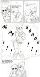 breasts clothes comic dialog english_text eye_contact female female_only greyscale hair hatake_kakashi headband highres human looking_at_another might_guy monochrome multiple_females naruto open_mouth rule_63 short_hair sketch speech_bubble text