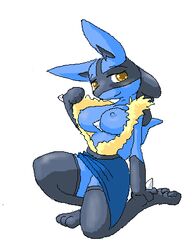 anthro blue_fur breasts clothes color female female_lucario female_only full_body kneeling looking_at_viewer lucario nintendo nipples open_eyes pokemon pokemon_(species) solo spike tagme