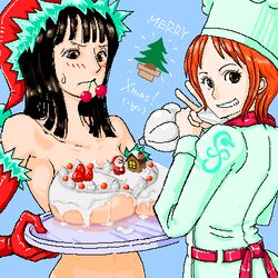 2girls artist_request blush breast_on_tray breast_rest breasts breasts_on_tray carried_breast_rest chef chef_hat cherry christmas cream elbow_gloves female female_only food food_on_body food_on_breasts fruit gloves grin hat icing large_breasts lowres mouth_hold nami nami_(one_piece) nico_robin nude oekaki one_piece orange_hair piping_bag pre-timeskip smile straight_hair sweatdrop toque tray v whipped_cream