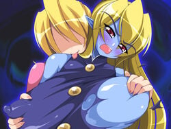 baby_bonnie_hood big_breasts blonde_hair blue_skin bulleta capcom clothing darkstalkers erect_nipples erect_nipples_under_clothes grabbing_own_breast jedah_dohma large_breasts mel/a midnight_bliss rape red_eyes rule_63 tagme torn_clothes