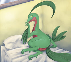 bed color female female_only feral_only green_skin grovyle indoors irene nintendo nude pillow pokemon solo tagme vulva