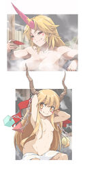 :p alcohol blonde_hair breasts breasts_apart censored chains convenient_bath_steam convenient_censoring drunk floating_breasts hair_over_breasts highres horn horns hoshiguma_yuugi hot_spring licking_lips maskman multiple_girls nude onsen red_eyes sake smile star steam suika_ibuki toned tongue touhou towel yellow_eyes