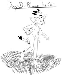 2021 anthro black_and_white blaze_the_cat breasts burnt_clothing clenched_teeth clothing domestic_cat embarrassed embarrassed_naked_female embarrassed_nude_female enf felid feline felis female full-length_portrait hi_res himitsu mammal monochrome naked nipples nude plantigrade portrait sega shocked sketch solo sonic_(series) sonic_the_hedgehog_(series) standing teeth wardrobe_malfunction