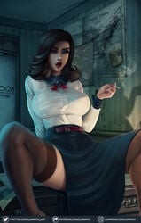 1girls 2019 alternate_breast_size ass belt beltskirt big_ass big_breasts bioshock bioshock_infinite black_hair blue_eyes breasts brown_hair burial_at_sea choker cigarette clothed deviantart elizabeth_comstock eye_contact eyelashes feet female female_only hourglass_figure huge_breasts human large_breasts legs_spread lipstick long_hair long_skirt looking_at_viewer luminyu map on_table patreon rapture_(bioshock) red_lipstick shadow shirt sitting skirt slit_dress smoke smoking solo spread_legs spreading stockings table text thick_thighs thighhighs twitter_username url watermark wide_hips