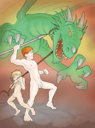 2boys age_difference balls blonde_hair claws colin_the_barbarian dragon dragon_wings erect_nipples flaccid_penis green_scales holding_weapon horns interspecies lokiboy34 male_only mouth_open multicolored_background nude orange_hair orange_sclera penis_size_difference red_pupils rope rope_pull sharp_claws sharp_teeth size_difference slit_pupils small_penis spear tagme uncut