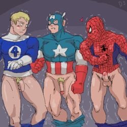 3boys abs avengers blonde_hair blushing captain_america circumcised dongsaeng erection fantastic_four flaccid foreskin gloves human_torch johnny_storm male male_only marvel mask multiple_boys multiple_males muscles muscular muscular_male pants_around_ankles pecs penis penis_size_difference peter_parker pubic_hair serratus_anterior shirt shivering spider-man spider-man_(series) steve_rogers straight_hair superhero testicles uncircumcised uncut yaoi