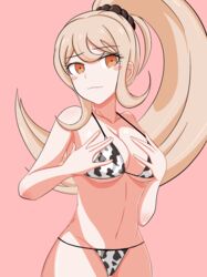 1girls bra breasts cow_print danganronpa danganronpa_2:_goodbye_despair hands_on_breasts milliani panties saionji_hiyoko small_breasts straight_hair