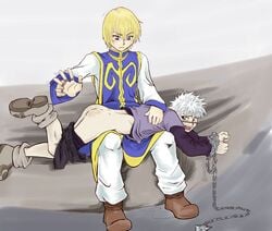 blonde_hair blonde_hair_male blush blushing boots chained_wrists gay handprint hunter_x_hunter killua_zoldyck kurapika laying_on_stomach male/male male_on_male male_only pants_down punishment punishment_spanking red_ass silver_hair spanking teenage_boy teenage_boy_and_younger_boy teenager teenagers white_hair