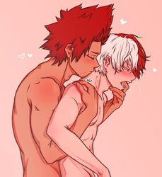 bite_mark eijirou_kirishima fingers_in_mouth gay male_only my_hero_academia neck_kiss red_and_white_hair red_hair shouto_todoroki two_tone_hair