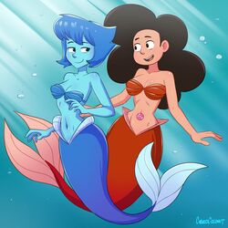 2girls black_hair blue_bra blue_eyes blue_hair blue_scales blue_skin bra brown_eyes cartoon_network cleavage commission cubedcoconut female female_only fusion gem gem_(species) gem_fusion lapis_lazuli_(steven_universe) merfolk mermaid navel open_smile red_bra red_scales short_hair smile steven_universe stevonnie underwater water