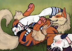 anthro anthro_on_feral anthro_penetrated arcanine arctic_fox balls_in_mouth blizzard_(blizzyfox) blush bodily_fluids canid canine collar cum cum_in_mouth cum_inside cum_while_penetrated duo ejaculation fellatio feral feral_penetrating feral_penetrating_anthro fox genital_fluids hands-free hi_res interspecies knotting leash male male/male male_only male_penetrated male_penetrating male_penetrating_male mammal nintendo oral oral_knotting oral_penetration orgasm_from_oral penetration penile poképhilia pokemon pokemon_(species) sex torakuta video_games zoophilia