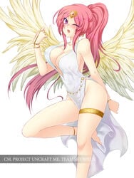 angel angel_wings bare_shoulders blush bracelet breasts cleavage copyright_name dress female_focus forehead_jewel fuya_(tempupupu) jewelry large_breasts long_hair one_eye_closed original ponytail purple_eyes red_hair sleeveless solo uncraft_me! wings