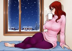 against_wall ai_generated ai_jago_dibuja barefoot fully_clothed glasses green_eyes holding_coffee_mug holding_object large_breasts laying_on_side living_with_hipstergirl_and_gamergirl looking_out_window lounging night night_sky nonsexual pinup red_hair safe_for_work sfw snow snow_on_trees sophie_(living_with_hipstergirl_and_gamergirl) track_pants turtleneck turtleneck_sweater window