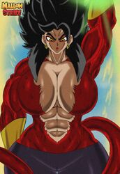 1girls abs black_hair cleavage dragon_ball dragon_ball_gt dragon_ball_super earrings huge_breasts kale looking_at_viewer mallow_strife muscular muscular_female red_fur solo super_saiyan_4 tail yellow_eyes