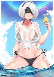 1girls 2021 android android_girl artist_signature bare_legs beach beauty_mark bikini black_bikini blindfold blindfolded blue_sky breasts female female_focus female_only food hairband head_tilt hi_res holding_object ice_cream kaos_art large_breasts low_neckline mole_under_mouth nier:_automata nier_(series) outdoors see-through see-through_clothing short_hair side-tie_bikini square_enix sunlight thick_thighs thighs water wet wet_shirt white_border white_hair white_shirt yorha_2b