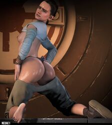 1girls 3d 3d_(artwork) ass back_view big_ass clothing dat_ass feet female female_focus female_only hi_res kneeling nedac1 pants_down pinup rey shirt_lift sideboob small_breasts soles solo solo_focus source_filmmaker star_wars