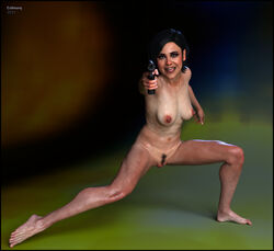 1girls aiming_at_viewer black_hair blue_eyes breasts bush call_of_duty call_of_duty_black_ops_cold_war colmarq gun helen_park_(cod) looking_at_viewer naked pussy smile solo_female