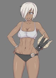 1girls capcom female female_focus female_only human karei monster_hunter muscular muscular_female panties sports_bra sweat sweatdrop tan tan_skin tomboy underwear white_hair