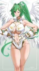 1girls angel angel_wings bangs bare_shoulders blush breasts cleavage feathered_wings female gloves green_hair green_heart halo highres large_breasts leotard long_hair looking_at_viewer navel neptunia_(series) one_eye_closed ponytail purple_eyes sendrawz smile solo vert wings