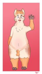 absurd_res alpaca animal_genitalia anthro balls belly biped camelid genitals gesture ghostthefox hair hi_res looking_at_viewer male mammal olli_(braeburned) open_mouth penis pink_background pink_tongue sheath simple_background slightly_chubby solo standing teeth tongue waving