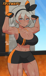 1girls bea_(pokemon) big_breasts blush breasts eye_contact female grey_hair hair_ribbon hairband large_breasts looking_at_viewer muscular_female nintendo pokemon pokemon_ss short_hair shorts solo sports_bra thick_thighs truewaifu