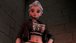 1girls 3d 3d_(artwork) 4k absurd_res belly belly_button big_breasts blue_eyes breasts crop_top disney elsa_(frozen) female frozen_(film) futivesfm goth goth_girl gothic hi_res human large_breasts leather_jacket looking_at_viewer looking_down medium_breasts navel outdoor sfm smile smiling source_filmmaker spiked_collar street teeth white_hair white_skin