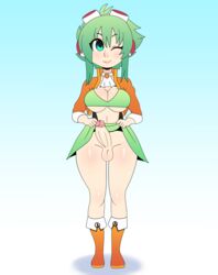 1futa balls ballsack big_breasts cleavage dickgirl futanari goggles goggles_on_head green_eyes green_hair gumi megpoid megpoid_gumi penis_reveal skirt skirt_lift somescrub standing vocaloid wink