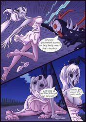 ass blake_belladonna bodysuit color comic deflation disguised_male dress female_skinsuit grimm_(rwby) high_heels multiple_girls nipples possessed possession rwby sagabel skinsuit suit_transformation weiss_schnee