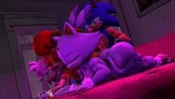 3d 3d_(artwork) amy_rose ass blaze_the_cat blue_body blue_hair brown_body chipmunk domestic_cat eyelashes green_eyes hedgehog nackey pink_body pink_hair ponytail purple_body purple_hair red_hair sally_acorn sonic_(series) sonic_the_hedgehog tan_body white_body