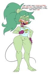 2021 adult_fink anthro blush bottomless breasts cartoon_network choker clothed clothing cute_fangs ear_piercing ear_ring female fingerless_gloves fink_(ok_k.o.!_lbh) fink_(ok_k.o.!_let's_be_heroes) fur genitals gloves green_body green_fur green_hair hair handwear hi_res jewelry looking_away mammal mhdrawin murid murine necklace ok_k.o.!_let's_be_heroes piercing ponytail pussy rat rodent shirt simple_background solo tank_top thick_thighs topwear tsundere white_background wide_hips