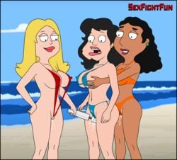 3girls american_dad beach between_labia bikini cameltoe erect_nipples francine_smith innie_pussy linda_memari magic_wand male_to_female masturbation mtf_transformation multiple_girls pussy_juice rule_63 sea sexfightfun sling_bikini stan_smith swimsuit transformation water wet_pussy yuri