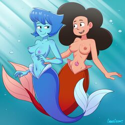 2girls black_hair blue_eyes blue_hair blue_scales blue_skin breasts brown_eyes cartoon_network casual commission cubedcoconut female female_only fusion gem gem_(species) gem_fusion lapis_lazuli_(steven_universe) merfolk mermaid multiple_girls navel open_smile red_scales short_hair smile steven_universe stevonnie topless underwater water