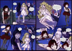 blake_belladonna bodysuit comic deflation disguised_male dress evil_grin faunus female female_skinsuit grimm_(rwby) high_heels human male multiple_girls pingus possessed possession ruby_rose running rwby sagabel skinsuit smile suit_transformation team_rwby text weiss_schnee yang_xiao_long