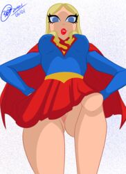 ass_visible_through_thighs blonde_hair blue_eyes bunbunmuffinart dc dc_comics erect_nipples imminent_facesitting justice_league_action kara_danvers kara_zor-el low-angle_view no_panties pussy standing_over_viewer supergirl upskirt worm's-eye_view