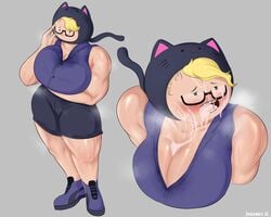 adventure_time big_breasts blonde_hair braces cleavage cum cum_in_mouth cum_on_breasts cum_on_face cum_on_glasses fake_animal_ears glasses hikinks hood muscular_female open_mouth shirt shorts smile sneakers standing susan_strong sweat sweat_stain sweatdrop thick_thighs