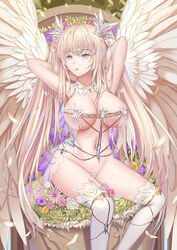 1girls angel angel_wings arms_up blonde_hair breasts cleavage feathers female flower highres large_breasts long_hair navel original revealing_clothes riinnmo rinmmo sitting solo thighhighs white_wings wings