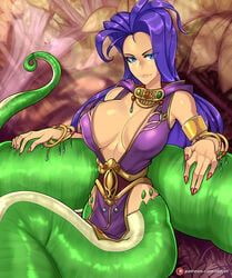 1girls armband bare_shoulders big_breasts blue_eyes breasts breath_of_fire cleavage clothed clothing curvy deis detailed_background eyelashes eyes_visible_through_hair female female_only green_scales hi_res jewelry lamia large_breasts leaf long_hair long_tail looking_at_viewer monster_girl naga nail_polish nipple_bulge outdoors outside purple_clothing purple_hair red_nails redjet revealing_clothes scales sharp_fingernails sideboob tail tree watermark