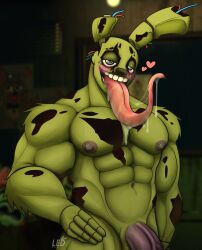 1boy abs absurd_res animatronic anthro big_penis blush bodily_fluids drooling five_nights_at_freddy's five_nights_at_freddy's_3 flaccid genitals hi_res lagomorph led_owo leporid long_tongue machine male mammal muscular muscular_male navel nipples nude penis rabbit robot saliva scottgames solo springtrap_(fnaf) tongue tongue_out vein veiny_penis