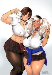 2girls abs ann_takamaki big_arms big_breasts big_muscles big_thighs black_highlights blonde_hair blue_eyes blush bracelet breasts brown_hair choker clothing eyeliner fully_clothed gyaru jacket_around_waist jewelry keigi_(artist) leggings legwear lipstick makeup makoto_niijima muscular necklace painted_nails persona persona_5 phone red_eyes school_uniform selfie six_pack skirt smile smiling tanned thick_thighs v