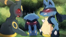 16:9 3boys anthro blush bodily_fluids cute_fangs dagasi detailed_background drooling eeveelution feral furry group hi_res lucario male_only nintendo non-euclidean_sex open_mouth outside pokemon pokemon_(species) pokemon_only portal portal_ring portal_sex quality red_eyes riolu saliva stuck stuck_in_ground sweat tears umbreon video_games widescreen