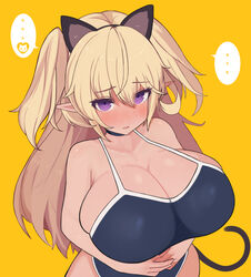 ... 1girls 2021 animal_ears blue_swimsuit blush breasts cat_ears cat_tail catgirl choker cleavage dark-skinned_female dark_elf dark_elven_forest_ranger dark_skin elf embarrassed eyebrows_visible_through_hair fake_animal_ears female female_only hair_between_eyes hairband hands_together heart highres huge_breasts kemonomimi_mode last_origin long_ears long_hair looking_at_viewer one-piece_swimsuit open_mouth orange_background pointy_ears purple_eyes rose_neru school_swimsuit short_twintails simple_background skindentation smile solo speech_bubble spoken_ellipsis spoken_heart standing swimsuit tail tied_hair tongue twintails very_long_hair wide_hips