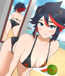 1girls alternate_costume ass beach bent_over bikini black_hair blue_eyes breasts female food kill_la_kill light_skin looking_at_viewer matoi_ryuuko mirror moe_grenadier ocean oksandio outdoors outside red_hair sand senketsu short_hair solo water watermelon