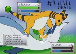 ambiguous_gender ampharos bodily_fluids bukkake cum dominant dominant_male english_text frostidragon generation_2_pokemon genital_fluids hi_res legendary_pokemon level_drain lugia male male/ambiguous mean_look nintendo plasma_(plasma_dragoon) pokemon pokemon_(species) simple_background size_difference small_dom_big_sub standing_on_another text user_interface white_body yellow_body
