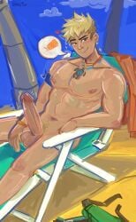 1boy 2d abs athletic athletic_male beach blonde_hair erect_penis erection highres male male_focus male_only nude nude_male okkitiv outside overwatch overwatch_2 poolside_wuyang pubic_hair public public_nudity sand solo_male wuyang