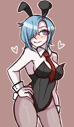 black_leotard blue_hair blush breasts bunny_ears bunny_tail bunnysuit chiebukuro_setsuka cleavage danganronpa danganronpa_another fanganronpa hair_over_one_eye hand_on_hip heart large_breasts looking_at_viewer pantyhose purple_eyes raydeluxxxe red_tie sdra2 smooth_skin super_danganronpa_another_2 tie wrist_cuffs