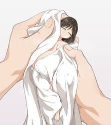 1boy 1girls 2021 after_shower breasts brown_hair cleavage closed_eyes covered_breasts drying fairy feet female full_body gigantic_breasts grey_background highres holding_person huge_breasts male male_pov minigirl naked_towel nanina original pov pov_hands shortstack simple_background thighs toes towel water wet